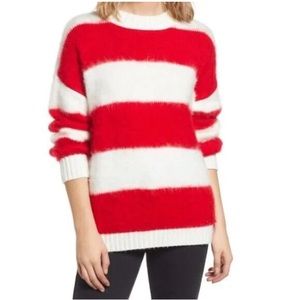 BP. Ivory-Red Ava Fuzzy Striped Holiday Sweater  Brushed Oversized s